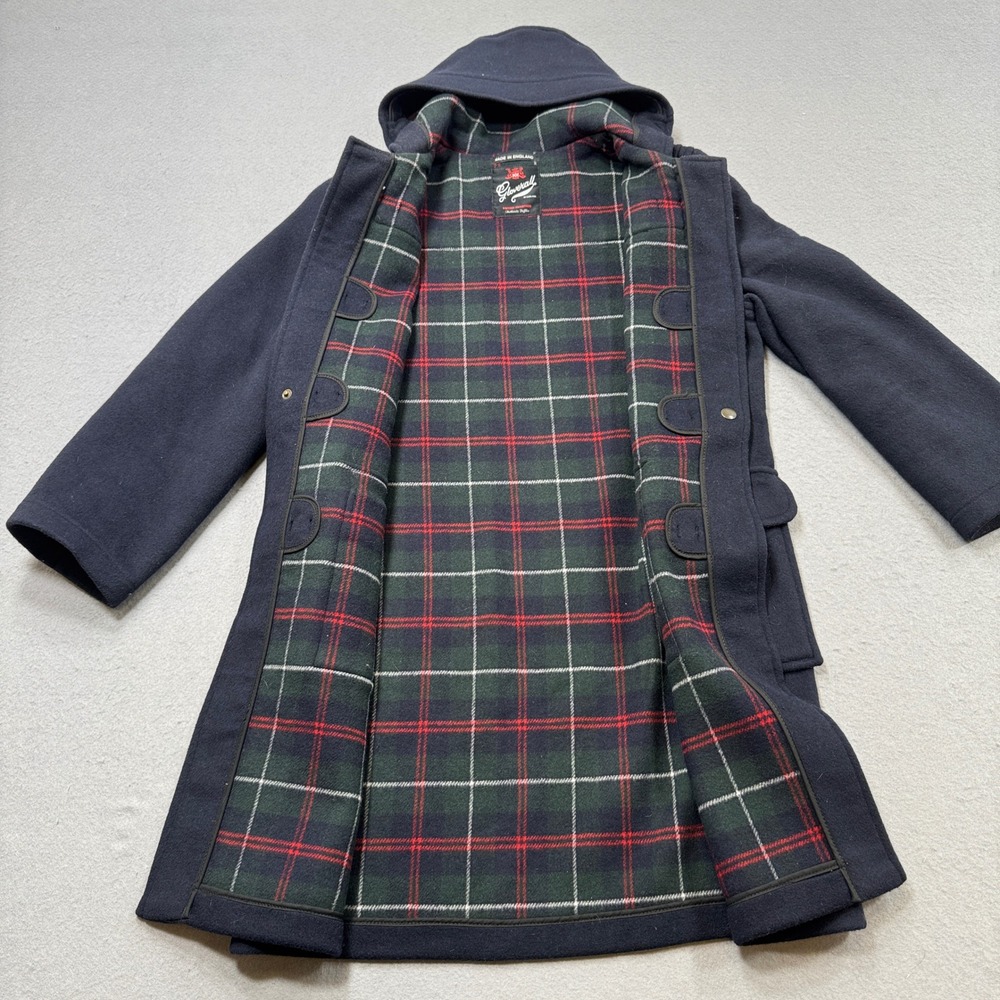 Gloverall Duffle Coat Mens S Navy Blue Wool Plaid Lined Toggle Hooded England - Picture 3 of 7